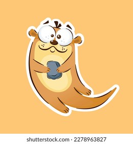 Cute Swimming Otter Cartoon Character Holding A Stone In Sticker Style Premium Vector Graphic Asset