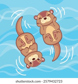 Cute swimming otters. Cartoon characters. Vector illustration.