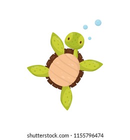 Cute swimming turtle. Cartoon character of marine reptile. Sea and ocean life theme. Flat vector element for t-shirt print or postcard