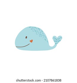 Cute swimming whale in the ocean isolated on white. Blue mammal animal flat cartoon vector illustration. Smiling Sea Animal kid Floating Underwater abstract concept 