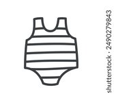 Cute swimsuit icon. Hand drawn monochrome illustration of a striped swimwear isolated on a white background. Kawaii sticker. Vector 10 EPS.