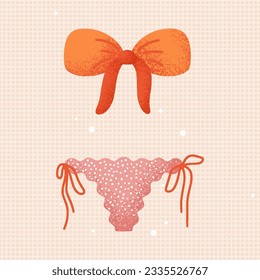 Cute Swimsuit. Orange bra, pink pants in white polka dots, red ties. Two-Piece, ribbons and wavy edges, textured. Swimwear or beachwear, swim wear with pants for pool or poolside. Vector illustration