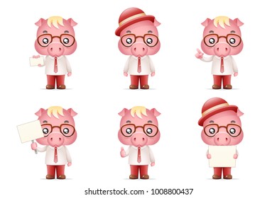 Cute Swine Pig Businessman Man Realistic 3d Cartoon Character Design Isolated Vector Illustration