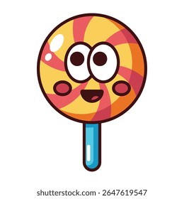 Cute swirl lollipop with cartoon face and colorful stick isolated on white background