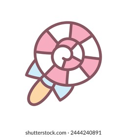 Cute swirl lollipop icon. Hand drawn illustration of a striped hard candy isolated on a white background. Kawaii sticker. Vector 10 EPS.