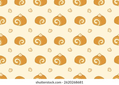 Cute swiss roll cake seamless pattern with whipped cream and beige background
