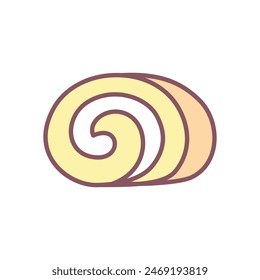 Cute swiss roll icon. Hand drawn illustration of a slice a creamy cake isolated on a white background. Kawaii sticker. Vector 10 EPS.