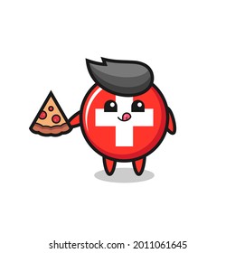 cute switzerland flag badge cartoon eating pizza , cute style design for t shirt, sticker, logo element