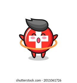 cute switzerland flag badge cartoon is playing hula hoop , cute style design for t shirt, sticker, logo element