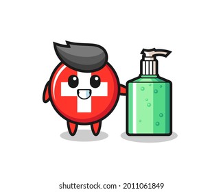 cute switzerland flag badge cartoon with hand sanitizer , cute style design for t shirt, sticker, logo element