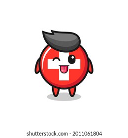 cute switzerland flag badge character in sweet expression while sticking out her tongue , cute style design for t shirt, sticker, logo element