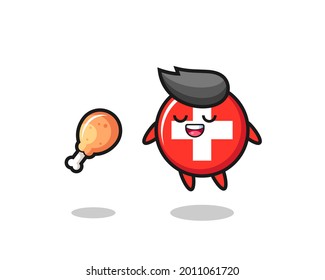 cute switzerland flag badge floating and tempted because of fried chicken , cute style design for t shirt, sticker, logo element