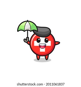 cute switzerland flag badge illustration holding an umbrella , cute style design for t shirt, sticker, logo element