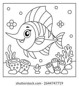 cute swordfish cartoon in underwater world background for kids coloring book