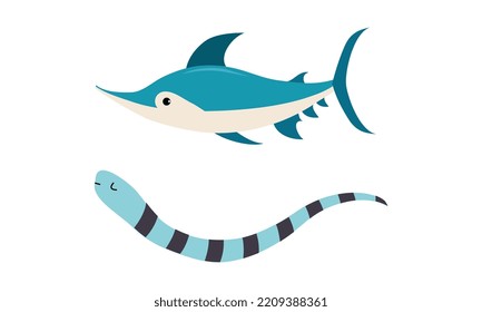 Cute Swordfish and Eel Sea Animal Floating Underwater Vector Set