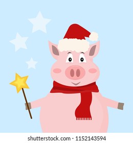 Cute symbol of 2019 Year in Santa's hat and red scarf. Pink pig in winter season. Animal believes in magic.