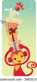 Cute symbol of Chinese horoscope - red monkey with gift boxes