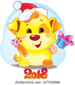 Cute Symbol of Chinese Horoscope - Yellow Dog for New Year 2018. Funny puppy congratulates on holiday. Cute puppy in cartoon style.