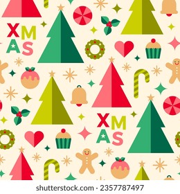 Cute symbol geometric elements with pine tree seamless pattern for christmas and new year celebration.