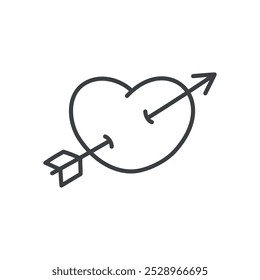 Cute symbol of love icon. Hand drawn monochrome illustration of a heart pierced with an arrow isolated on a white background. Vector 10 EPS.