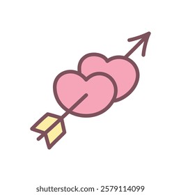 Cute symbol of love icon. Hand drawn illustration of two pink hearts pierced with an arrow isolated on a white background. Kawaii St. Valentine day sticker. Vector 10 EPS.