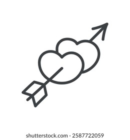 Cute symbol of love icon. Hand drawn monochrome illustration of two hearts pierced with an arrow isolated on a white background. Kawaii St. Valentine day sticker. Vector 10 EPS.