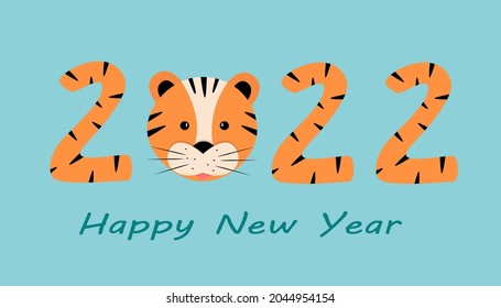 Cute symbol of the new year 2022 is a tiger face. Funny cartoon tiger vector illustration. Greeting card concept Happy New Year and Christmas.