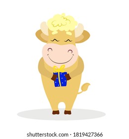 Cute and cute Symbol of the New Year Bull with a gift in his hands in a cartoon style isolated on a white background. Picture for congratulations, cards, New Year's design in a minimalist style.
