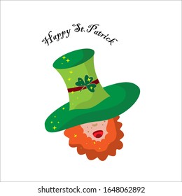 Símbolo curo del Día de San Patricio, personaje de caricatura irlandés, tradicional sombrero verde grande, vector
