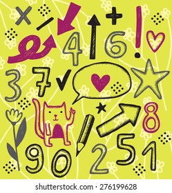 Cute symbols and numbers on flowers background. Whimsical vector concept.