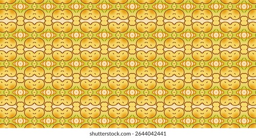 Cute symmetrical fruit and veggie pattern with warm golden tones, perfect for textiles and packaging. 