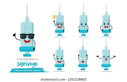 cute syringe cartoon with many expressions. medication different activity pose vector illustration flat design set with sunglasses.