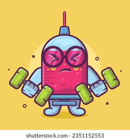 cute syringe character mascot doing bodybuilding using dumbbell isolated cartoon in flat style design