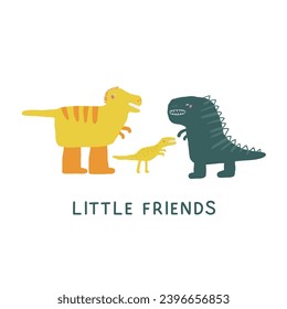 Postal de los dinosaurios Cute t res con el divertido velociraptor de doodle dibujado a mano, tirannosauro dino. Portada de la era Jurásica, plantilla, pancarta, afiche, impresión. Extinción del fondo animal para los niños