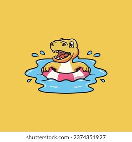 Cute t rex swimming in the pool cartoon illustration