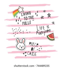 Cute t shirt design in doodle style with patches and hand written quotes