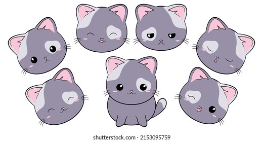 Cute tabby cat. Cartoon funny character. Kawaii kitten baby animal. Sweet kitten heads. Flat design. Vector illustration on white background.