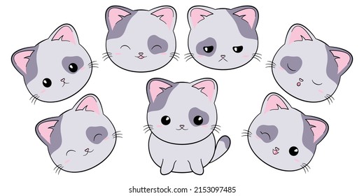 Cute tabby cat. Cartoon funny character. Kawaii kitten baby animal. Sweet kitten heads. Flat design. Vector illustration on white background.