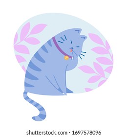 Cute tabby cat in a collar with a bells licks his paw. Funny cartoon style. Vector illustration.