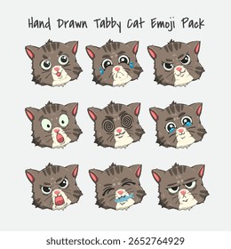 Cute tabby cat emoji set with 9 kawaii expressions. Flat colorful vector illustration for stickers, icons, pet designs, and children’s clipart.