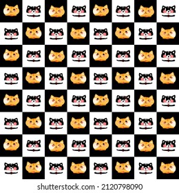 Cute tabby cat face checker board seamless pattern with black and dot cat tile design in white square background. Vector chess floor art abstract illustrations for decoration, race board game, fabric.