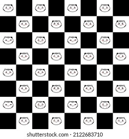 Cute tabby cat face checker board seamless pattern with black and shy cat tile design in white square background. Vector chess floor art abstract illustrations for decoration, race board game, fabric.