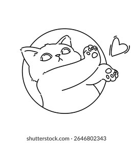 Cute tabby cat with heart line art outline illustration 