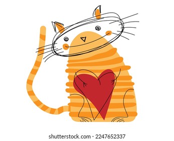 Cute tabby cat with heart symbol. Cartoon animal character for Valentine's Day. Funny kitty Flat vector illustration isolated on white background for greeting card. Cute kitten holding red heart.
