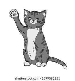 Cute tabby cat with paw raised in greeting cartoon vector illustration, decorative element for greeting card, banner.