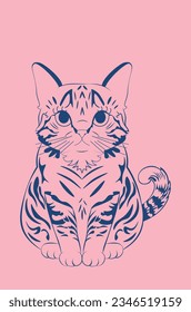 Cute tabby cat in retro line art style 