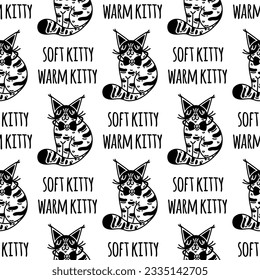 Cute tabby cat seamless vector pattern  Fluffy kitten sits   smiles  Soft kitty  warm kitty  Intelligent pet in bow tie  Nice domestic animal  Black   white background for print  posters  web