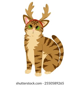 Cute tabby cat wearing Christmas reindeer antlers. Merry Christmas and Happy New Year. Vector flat cartoon illustration for stickers and prints on white background