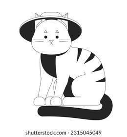 Cute tabby cat wearing summer hat flat line black white vector character  Editable outline full body animal  Funny elegant animal simple cartoon isolated spot illustration for web graphic design