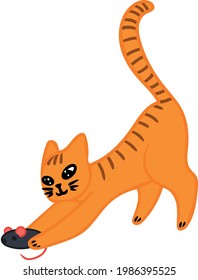 Cute tabby ginger cat plays with a mouse. Vector illustration isolated on white background. Design element.